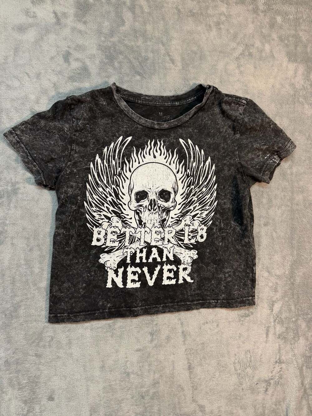 Goodie Two Sleeves Better Late Than Never Skull Wings Acid Wash Crop T M